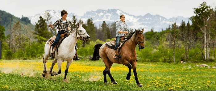 Confident plus-size woman riding Owsestry a horse through a field with a smile on her face.